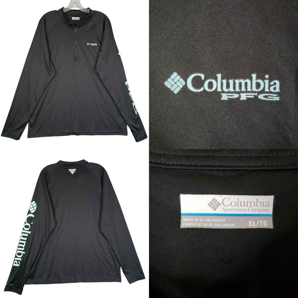 Columbia PFG Pullover Mens Size XL Black Blue Quarter Zip PFG Long Sleeve